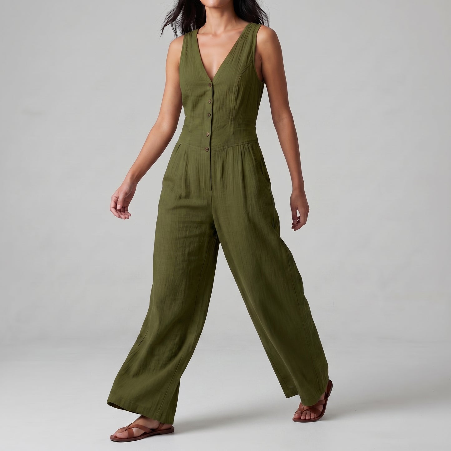 Textured Wide-Leg Sleeveless Jumpsuit with Tailored Bodice and Button Front