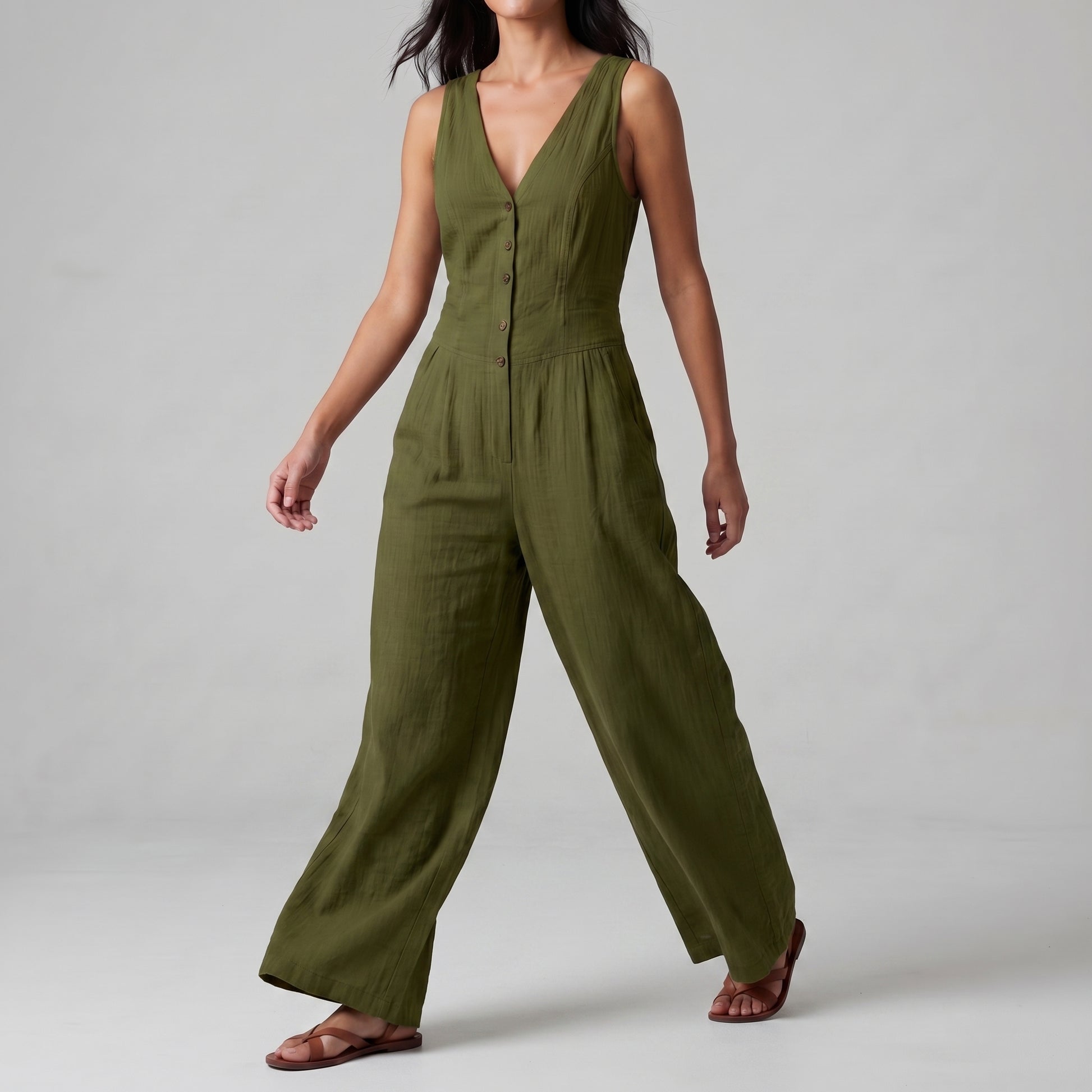 Textured Wide-Leg Sleeveless Jumpsuit with Tailored Bodice and Button Front