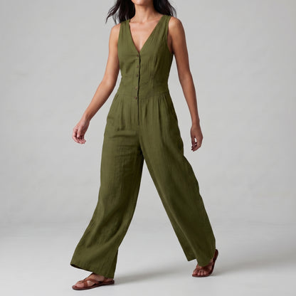 Textured Wide-Leg Sleeveless Jumpsuit with Tailored Bodice and Button Front