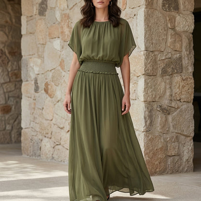 Flowing Smocked Waist Maxi Dress with Draped Sleeves