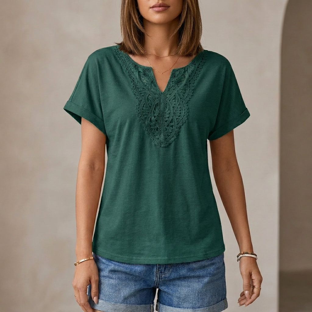 Relaxed V-Neck Lace-Embroidered Short Sleeve Knit Top