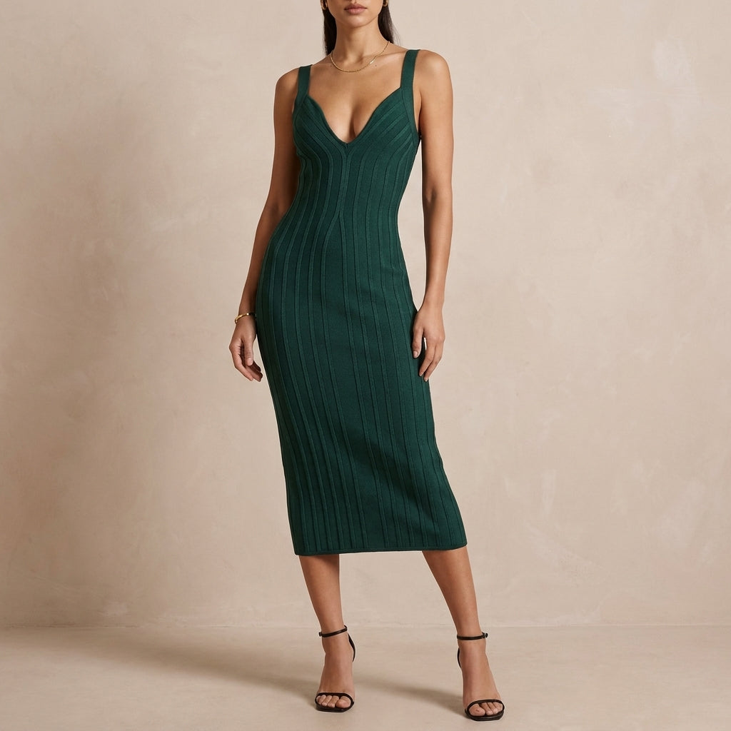 Structured Knit Midi Dress with Plunging Neckline