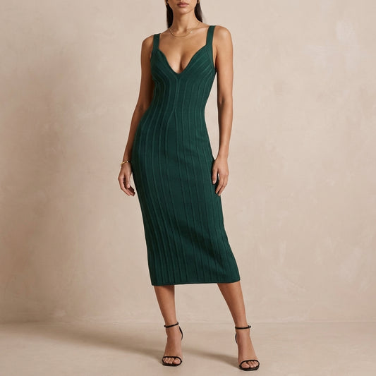 Structured Knit Midi Dress with Plunging Neckline