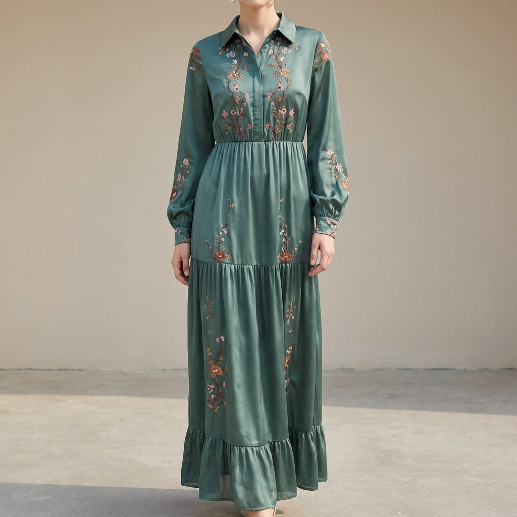 Bohemian Embroidered Sheer Sleeve Maxi Dress with Tiered Ruffles