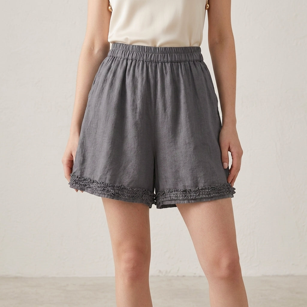Ruffle Hem Relaxed Summer Shorts with Elastic Waist