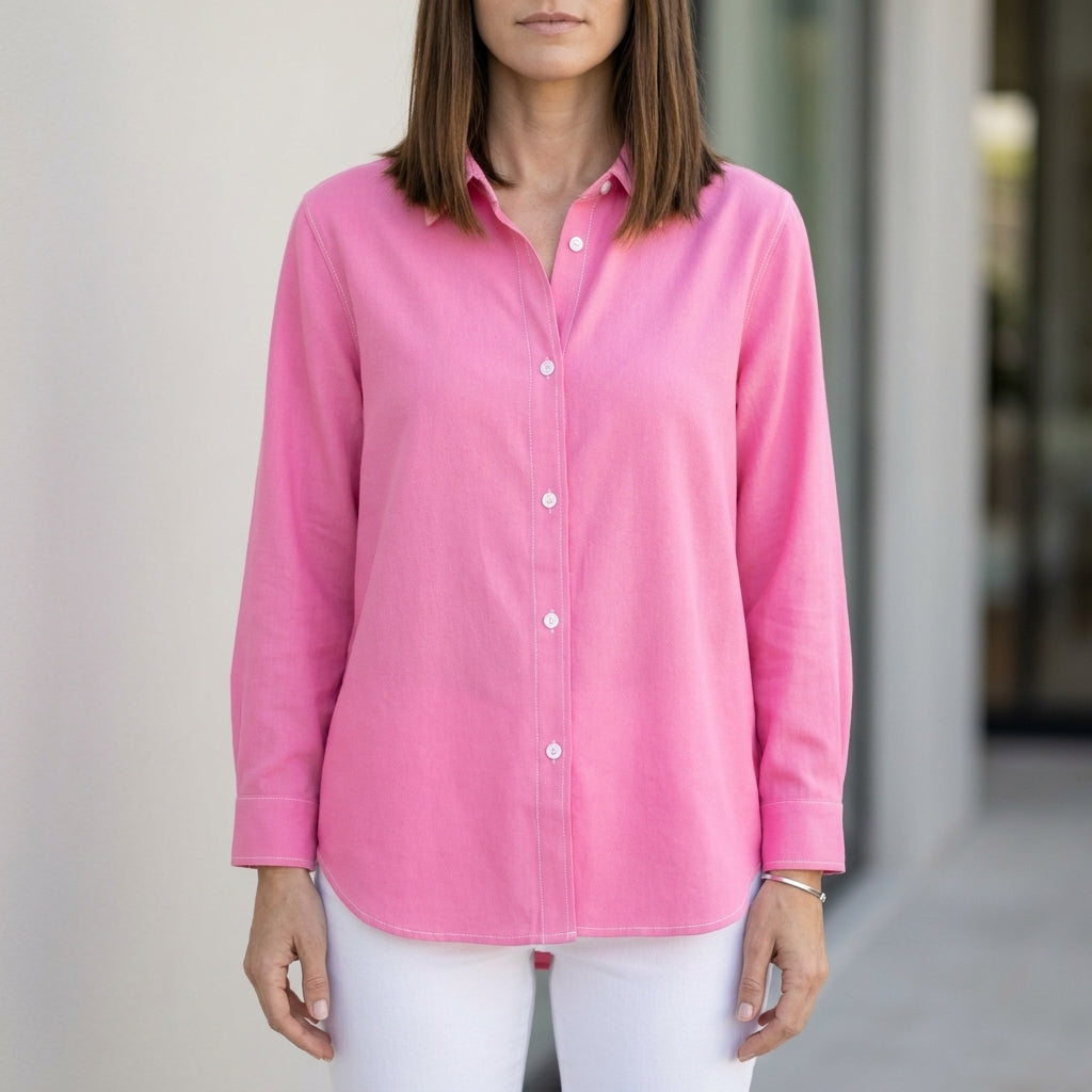 Relaxed Button-Up Blouse with Rolled Sleeve Cuff Detail