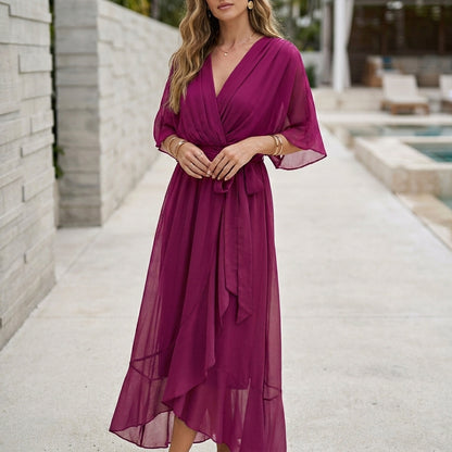 Flowing Midi Dress with Pleated Wrap Bodice and Ruffled Hem