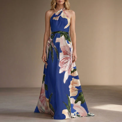 Floral Print Halter Maxi Dress with Defined Waist Detail
