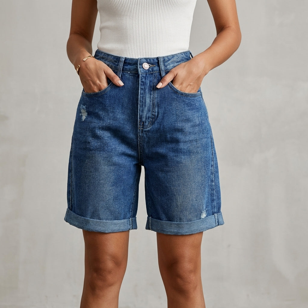 High-Waisted Relaxed Fit Shorts with Cuffed Hems and Distressed Accents