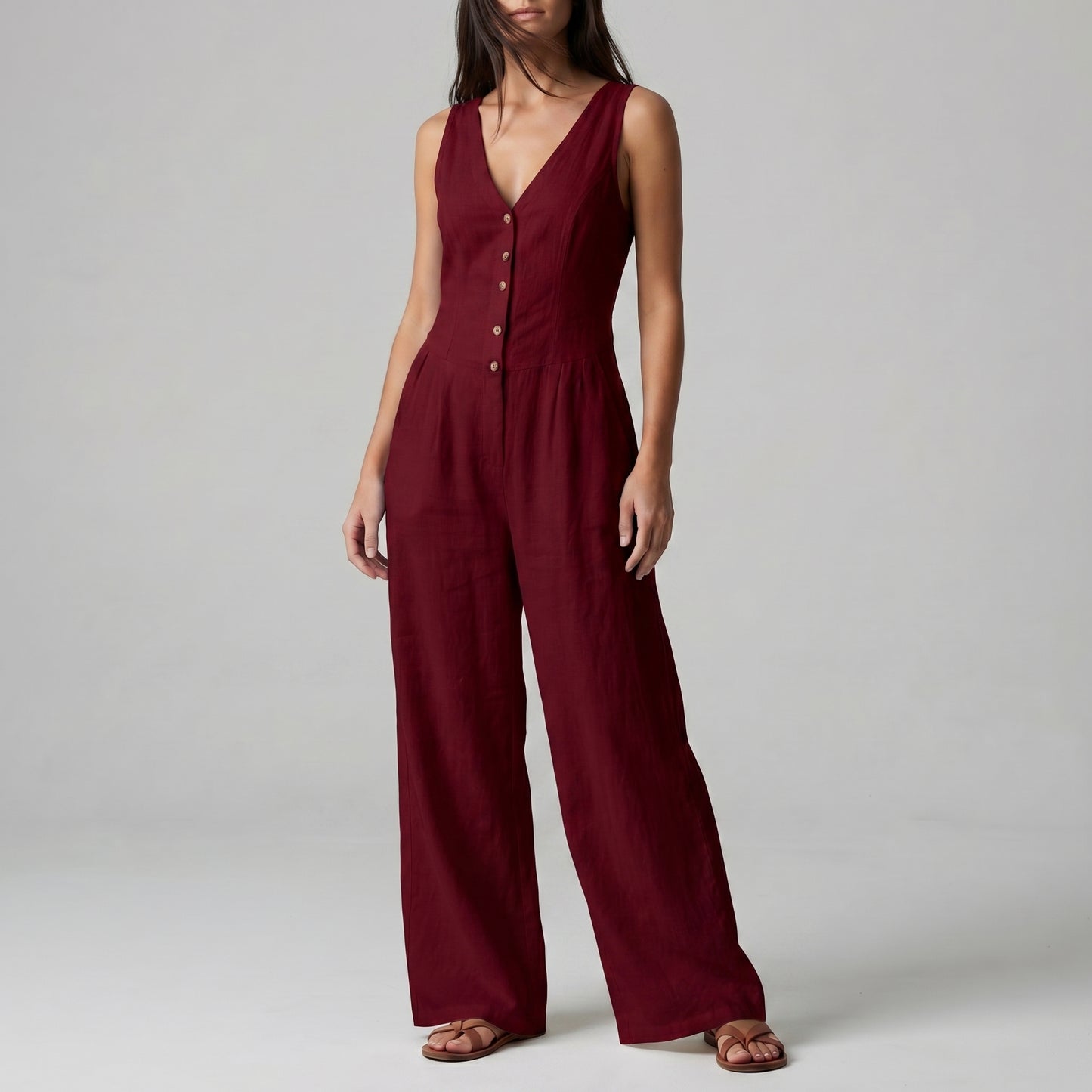 Textured Wide-Leg Sleeveless Jumpsuit with Tailored Bodice and Button Front