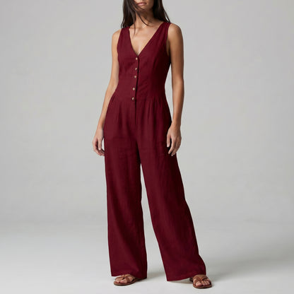 Textured Wide-Leg Sleeveless Jumpsuit with Tailored Bodice and Button Front