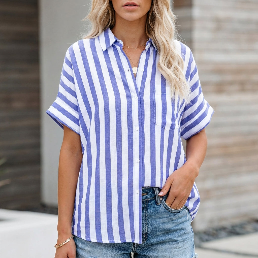 Relaxed Striped Button-Up Blouse with Effortless Coastal Summer Style