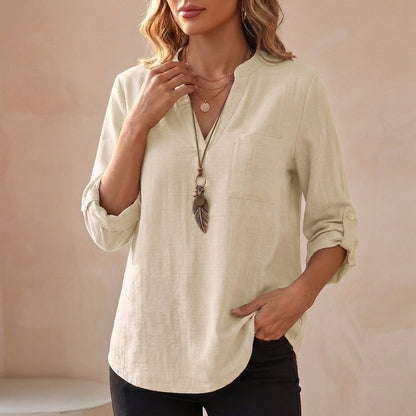 Relaxed V-Neck Cotton Linen Tunic Blouse with Roll-Up Sleeves