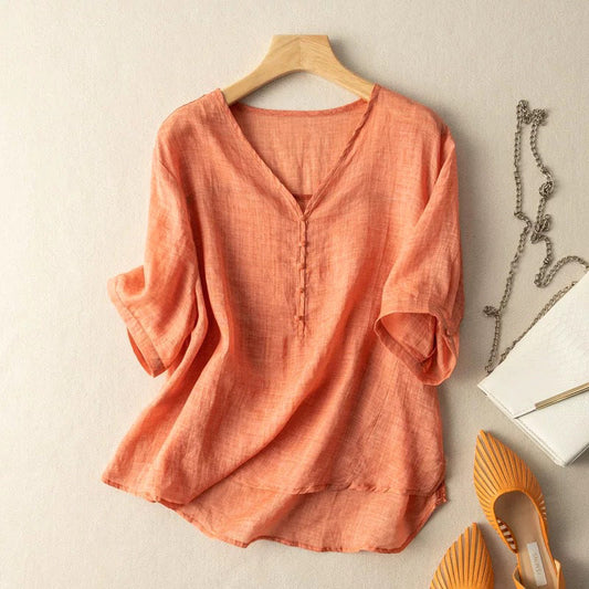 Linen Blend V-Neck Henley Blouse with Sleeves