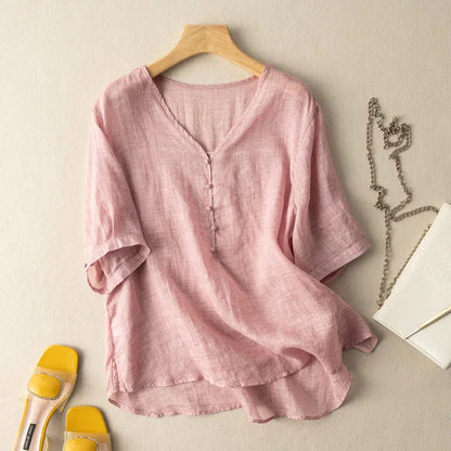 Linen Blend V-Neck Henley Blouse with Sleeves