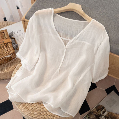 Linen Blend V-Neck Henley Blouse with Sleeves