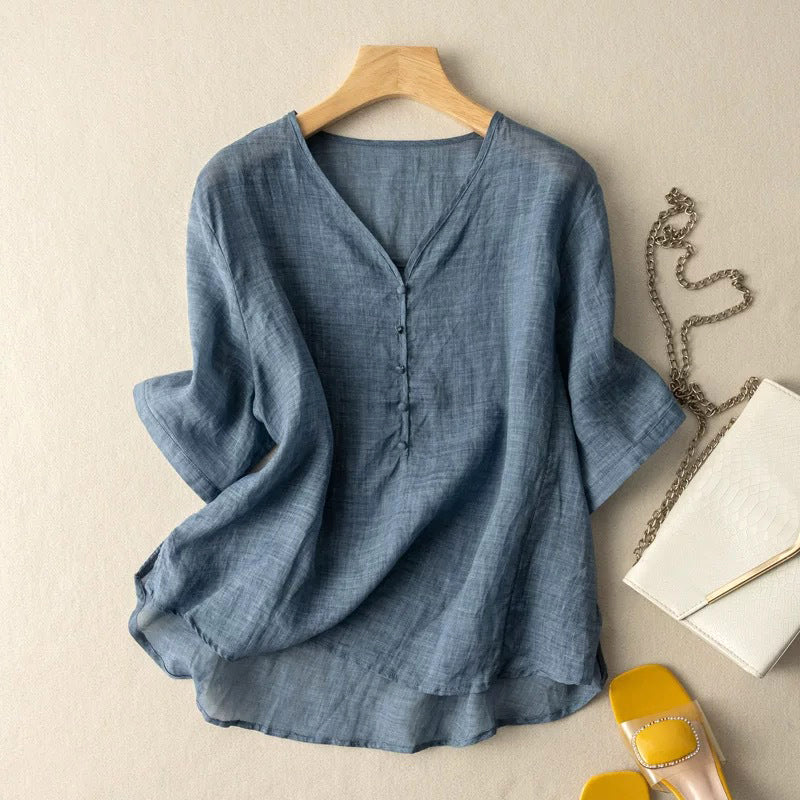 Linen Blend V-Neck Henley Blouse with Sleeves