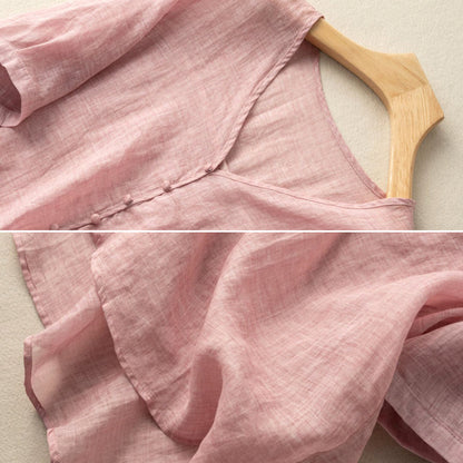 Linen Blend V-Neck Henley Blouse with Sleeves