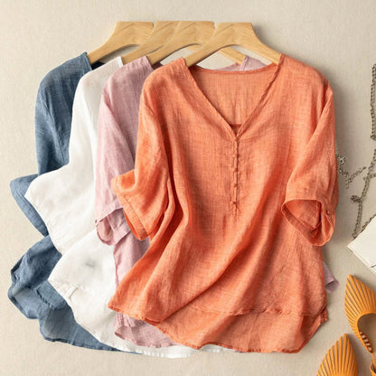 Linen Blend V-Neck Henley Blouse with Sleeves