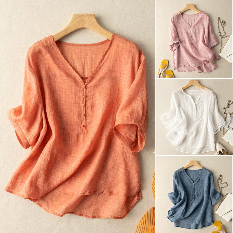 Linen Blend V-Neck Henley Blouse with Sleeves