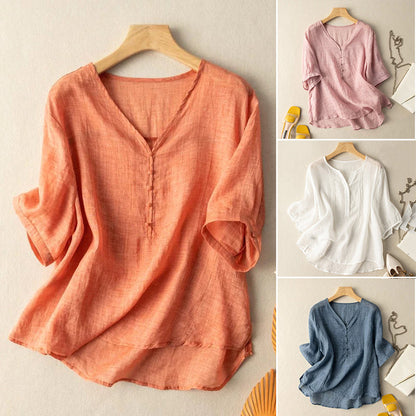 Linen Blend V-Neck Henley Blouse with Sleeves