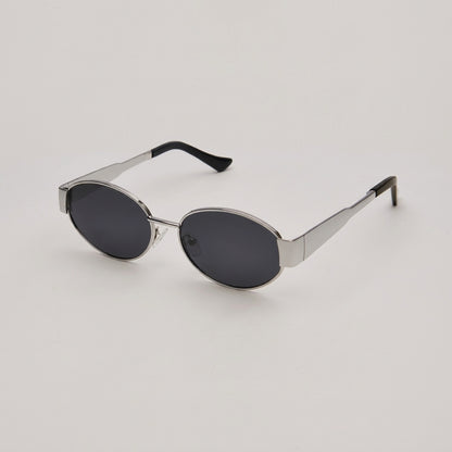 Retro-Inspired Oval Sunglasses with Sleek Metallic Frames and Patterned Temples