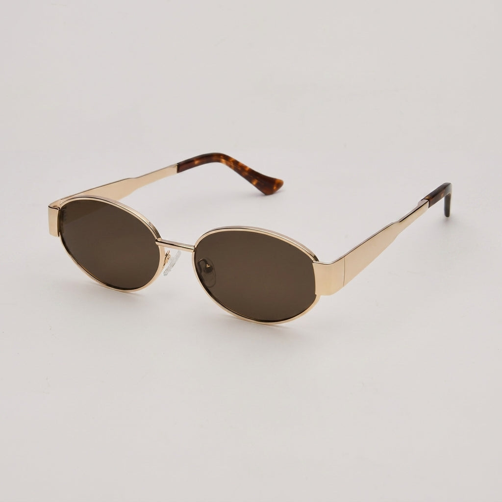 Retro-Inspired Oval Sunglasses with Sleek Metallic Frames and Patterned Temples
