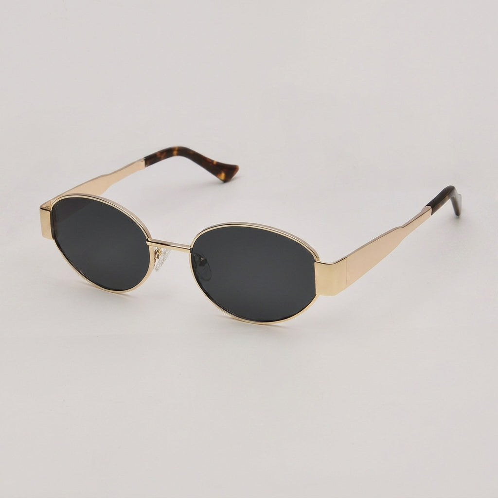 Retro-Inspired Oval Sunglasses with Sleek Metallic Frames and Patterned Temples