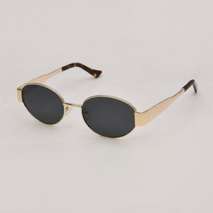 Retro-Inspired Oval Sunglasses with Sleek Metallic Frames and Patterned Temples