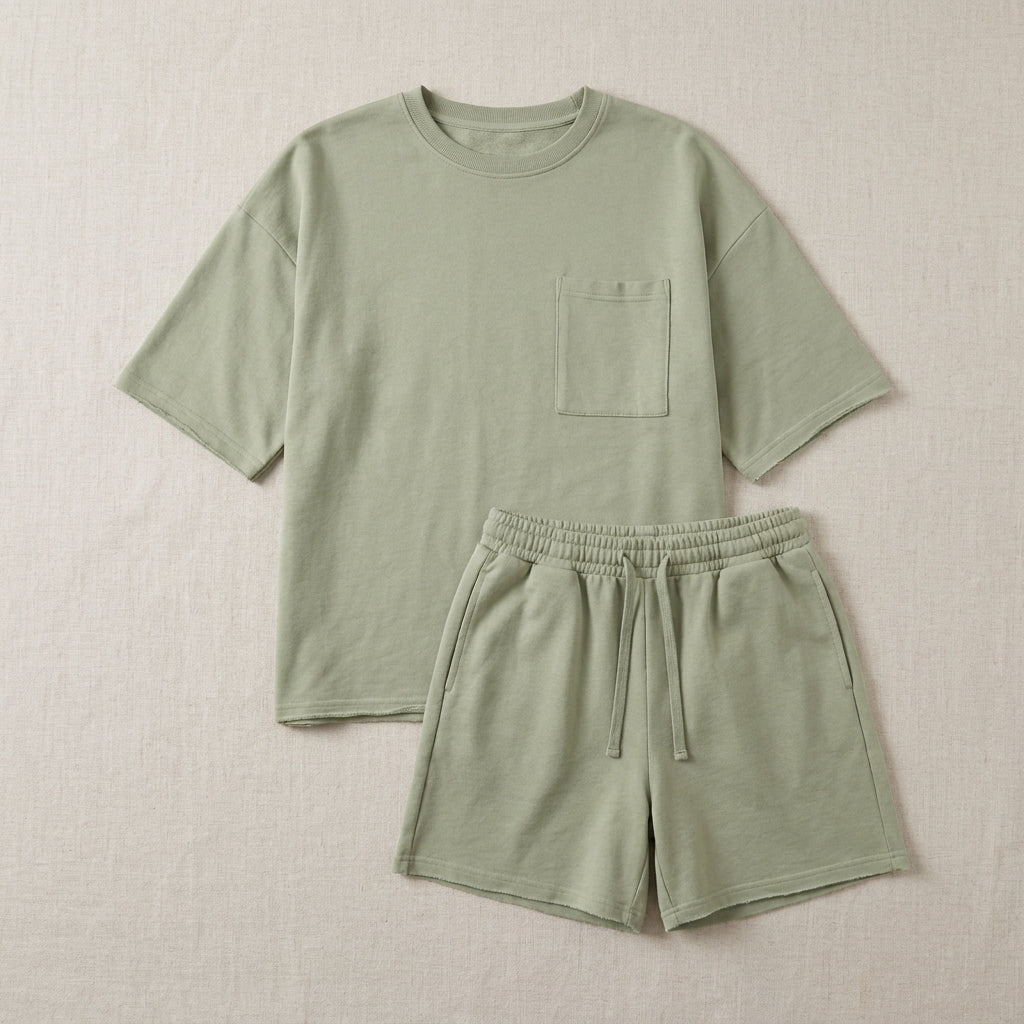 Oversized Relaxed Two-Piece Set with Chest Pocket and Wide-Leg Shorts