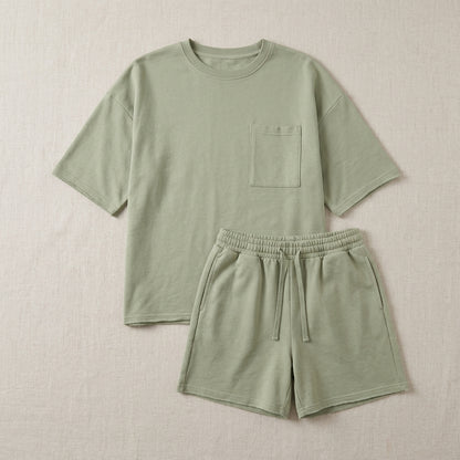 Oversized Relaxed Two-Piece Set with Chest Pocket and Wide-Leg Shorts