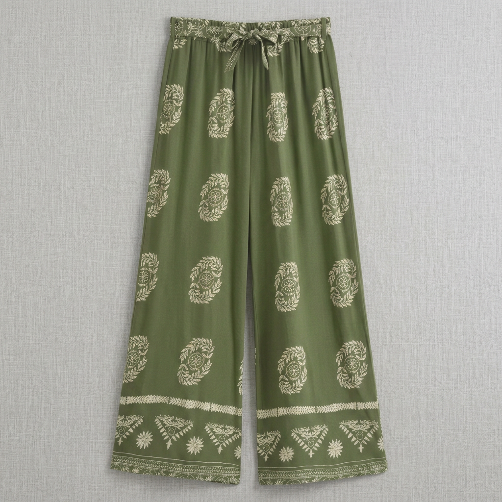 Flowing Wide-Leg Floral & Geometric Patterned Ankle-Length Pants
