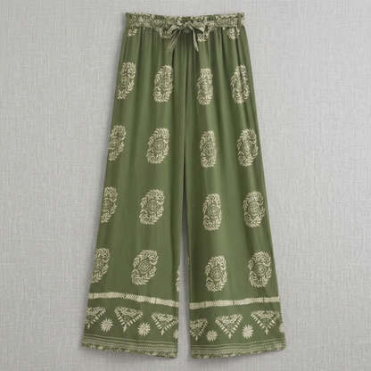 Flowing Wide-Leg Floral & Geometric Patterned Ankle-Length Pants