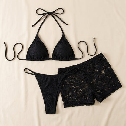 Fitted Floral Lace Three-Piece Bikini and Shorts Set for Beachwear