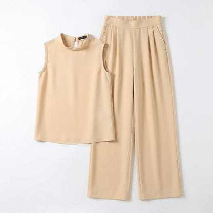 Tailored Sleeveless Mock-Neck Top with High-Waisted Wide-Leg Trousers Set
