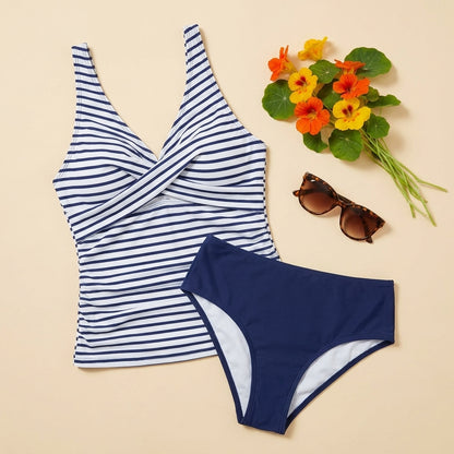 Striped Wrap-Front Two-Piece Tankini with Ruching and Wide Straps