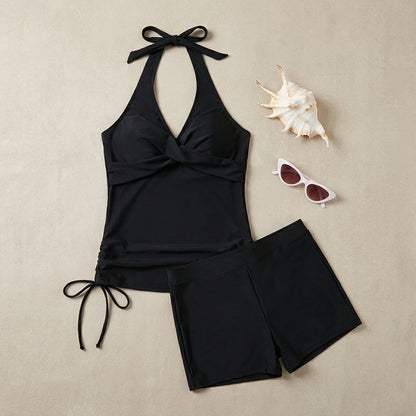 Ruched Halter Tankini Set with Adjustable Side-Tie Shorts