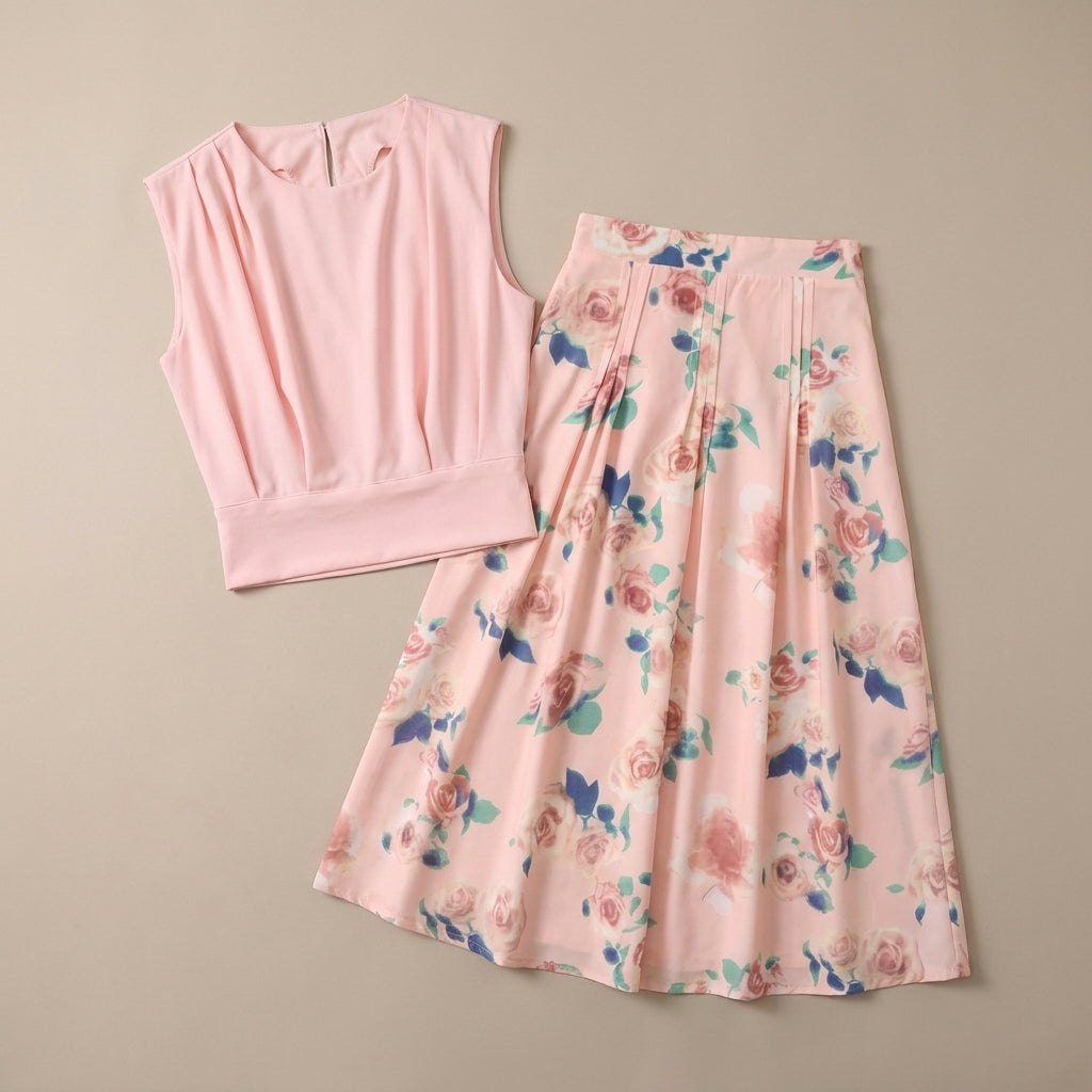 Graceful Two-Piece Set with Round Neck Top and Pleated Midi Skirt