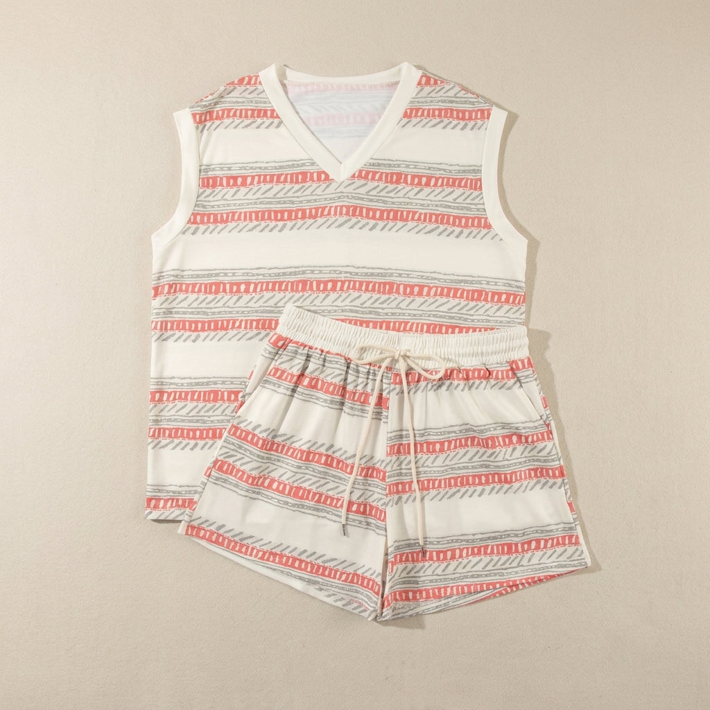 Relaxed Two-Piece Set with Abstract Geometric Stripes and Drawstring Shorts