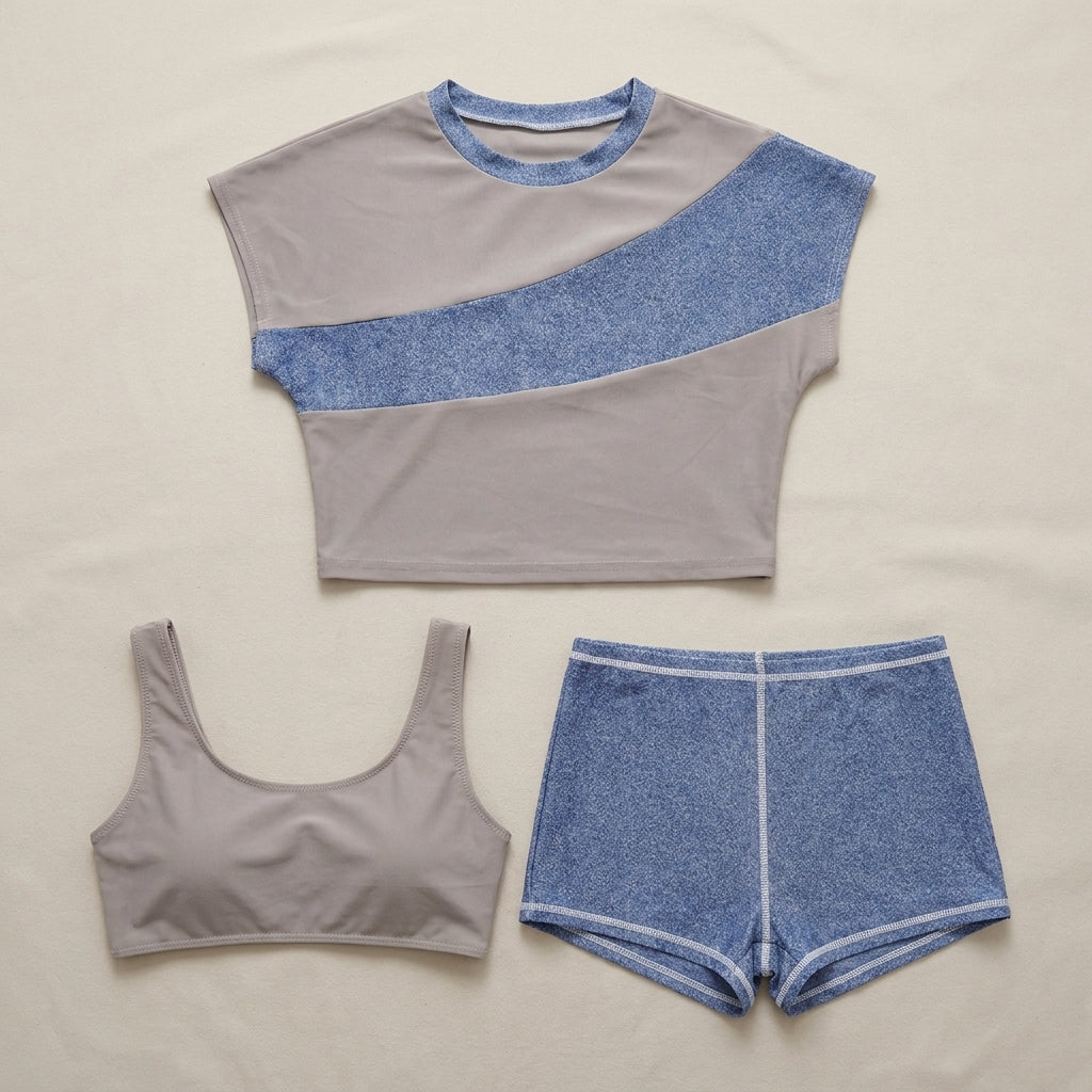 Sporty Three-Piece Swim Set with Color-Blocked Crop and High-Waisted Shorts