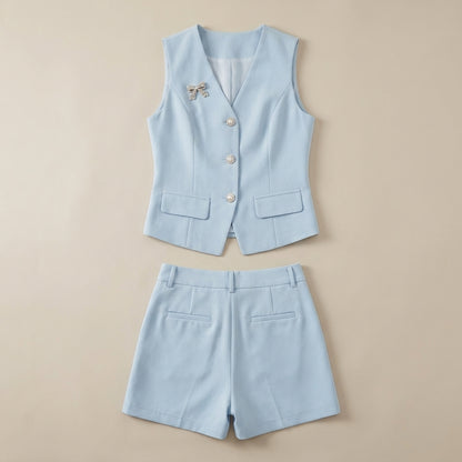 Tailored Structured Button-Up Vest and High-Waisted Shorts Set