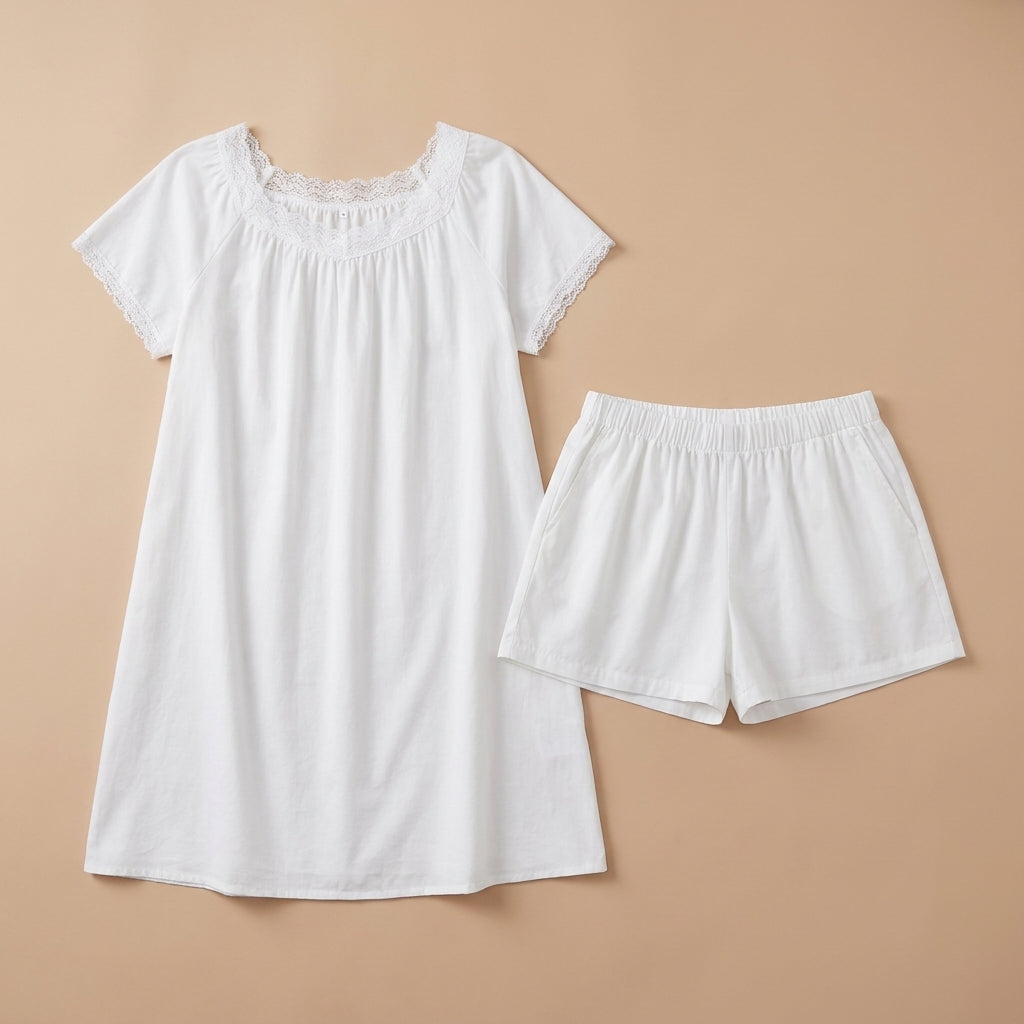 Relaxed Fit A-Line Nightgown & Shorts Set with Lace Trim