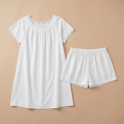 Relaxed Fit A-Line Nightgown & Shorts Set with Lace Trim