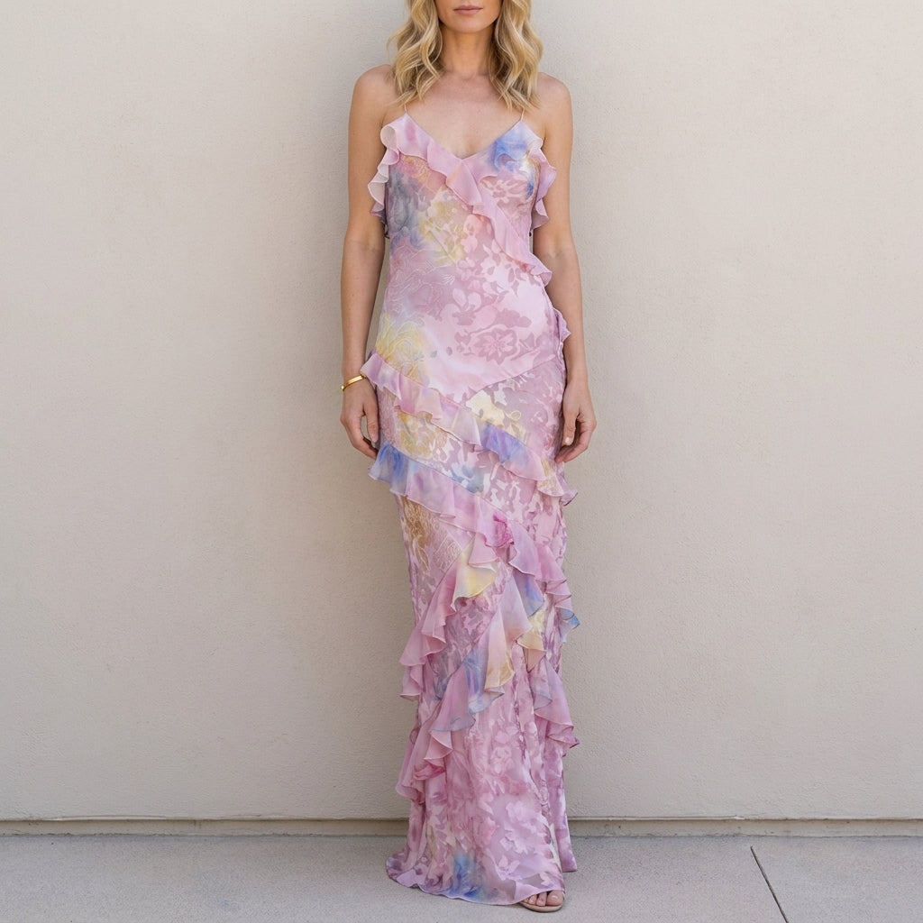 Pastel Bloom Ruffle Trim Mermaid Maxi Dress