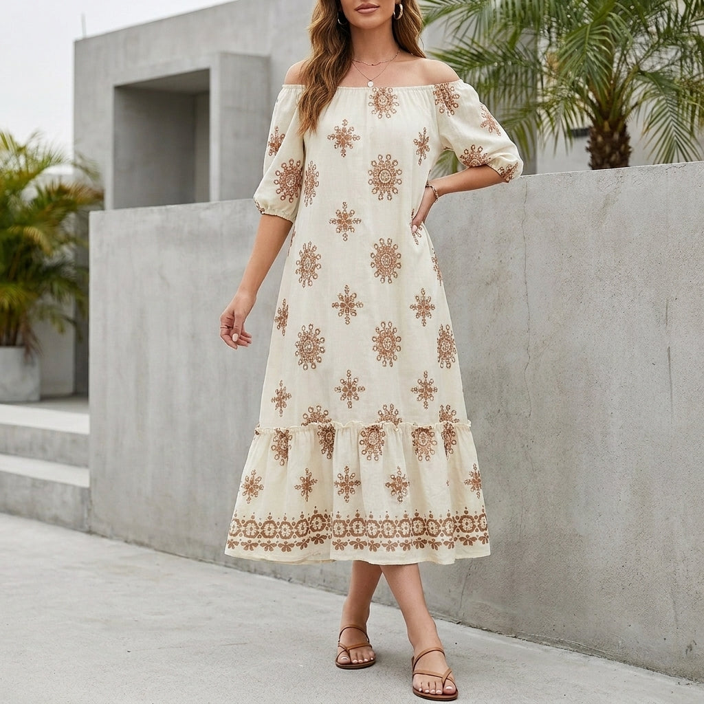 Bohemian Maxi Dress with Tiered Skirt and Ruffled Hemline