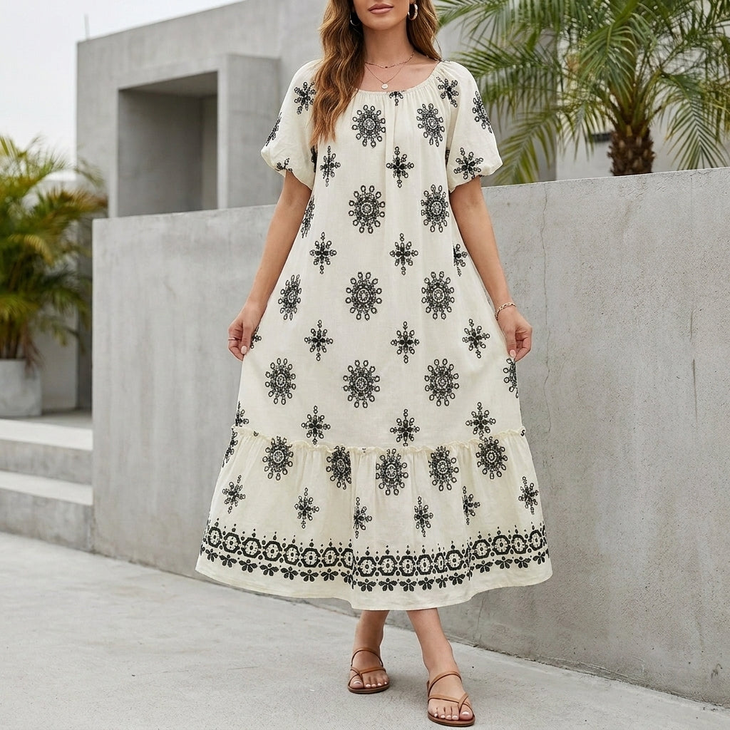 Bohemian Maxi Dress with Tiered Skirt and Ruffled Hemline