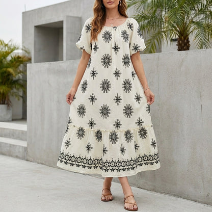 Bohemian Maxi Dress with Tiered Skirt and Ruffled Hemline