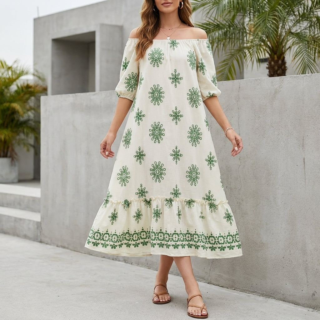 Bohemian Maxi Dress with Tiered Skirt and Ruffled Hemline