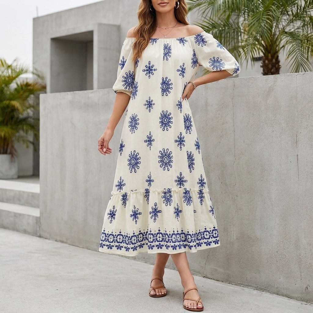 Bohemian Maxi Dress with Tiered Skirt and Ruffled Hemline