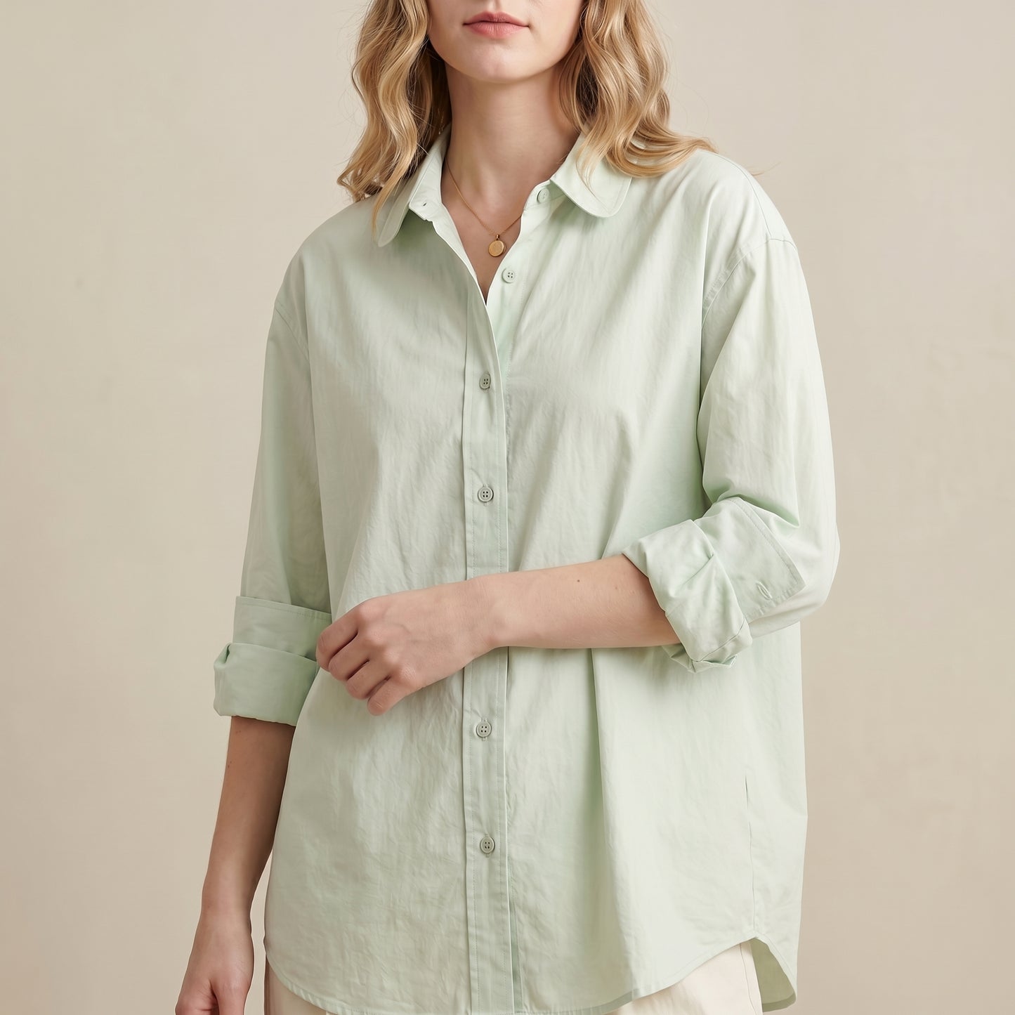 Oversized Woven Button-Down Shirt with Dramatic Lantern Sleeves